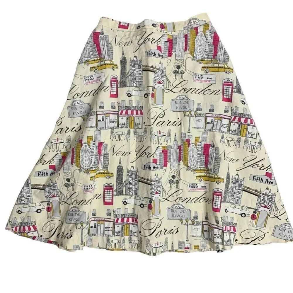 Retro London Paris A Line Skirt Womens Size S Ivory Pockets Knee Length